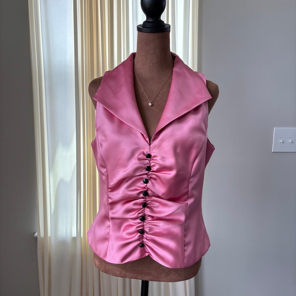 90s Vintage Dressbarn Top 10 Pink Satin Ruched Vest Button Office Siren Glam Y2K - Picture 3 of 15